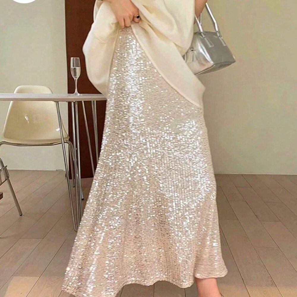 Apricot Party Women's High Waist Minimalist Sequin Mermaid Skirt